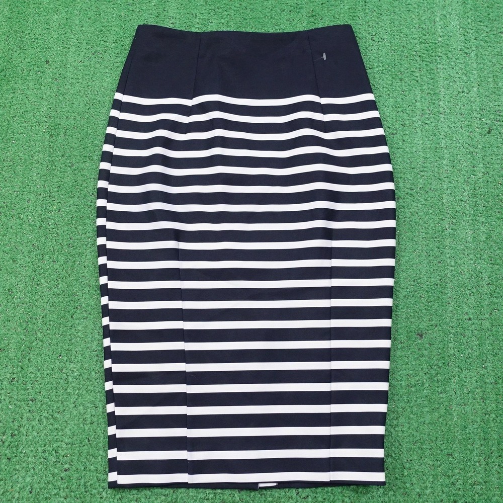 H&M Skirt Womens 4 Blue White Striped Pencil Stretch Zip Back Modern Career